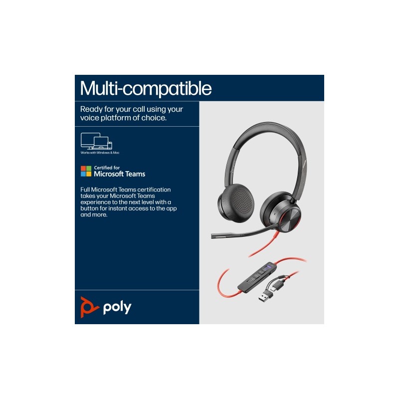 POLY Blackwire 8225 Stereo MS Teams Laidinės ausinės, USB-C/A Adapter, Juoda