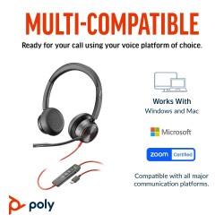 POLY Blackwire 8225 Stereo MS Teams Laidinės ausinės, USB-C/A Adapter, Juoda