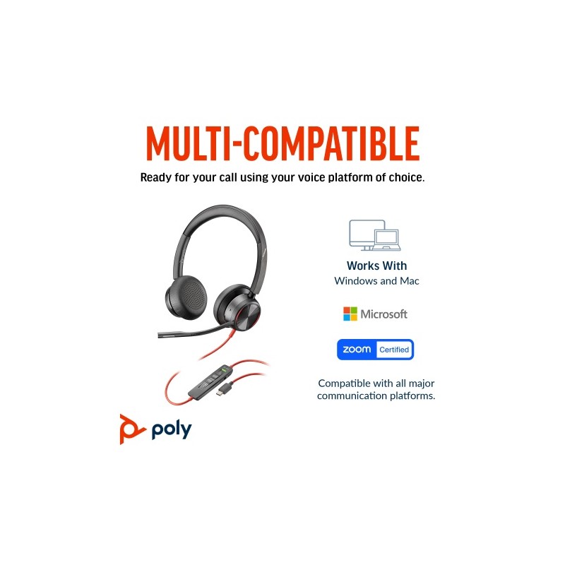 POLY Blackwire 8225 Stereo MS Teams Laidinės ausinės, USB-C/A Adapter, Juoda