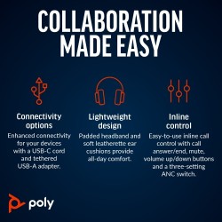 POLY Blackwire 8225 Stereo MS Teams Laidinės ausinės, USB-C/A Adapter, Juoda
