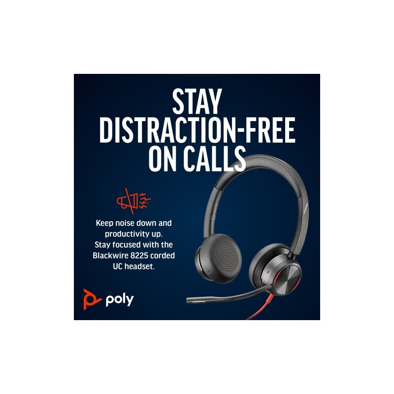 POLY Blackwire 8225 Stereo MS Teams Laidinės ausinės, USB-C/A Adapter, Juoda