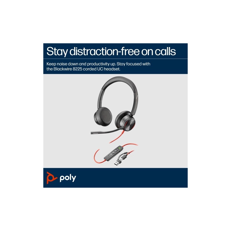 POLY Blackwire 8225 Stereo MS Teams Laidinės ausinės, USB-C/A Adapter, Juoda