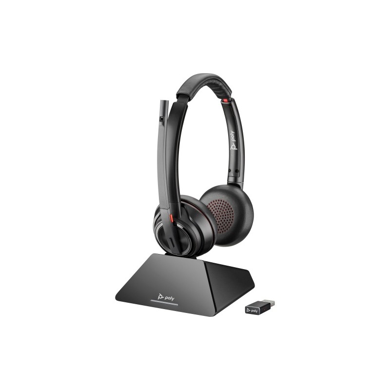 Poly Savi 8220 UC MS Teams DECT Belaidės ausinės, Bluetooth, USB-A/C Adapter, Charging Stand, Juoda