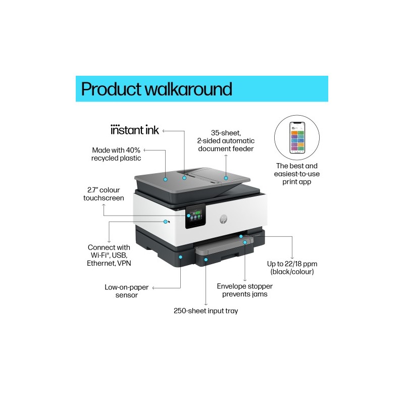 HP OfficeJet Pro 9120e Spausdintuvas rašalinis spalvotas MFP A4 22 ppm USB Wi-Fi Ethernet LAN