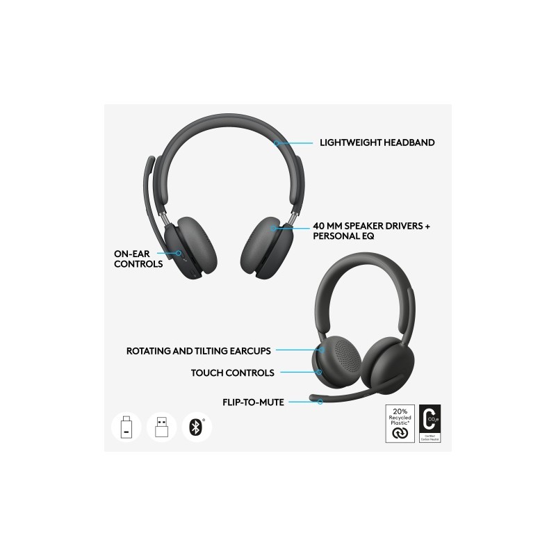 Logitech Zone Wireless 2 UC Belaidės ausinės, USB-C, USB-C Bluetooth receiver, Graphite