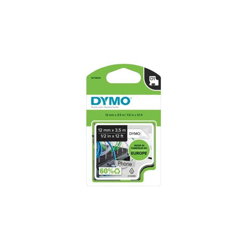 Dymo 16957 (S0718040) D1 Lanksti nailono juostelė 12mm x 3.5m, Black on White