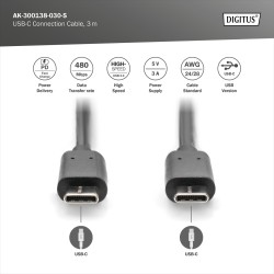 Digitus AK-300138-030-S USB-C Kabelis, USB-C 2.0 Male į USB-C 2.0 Male, 3 m, Juoda