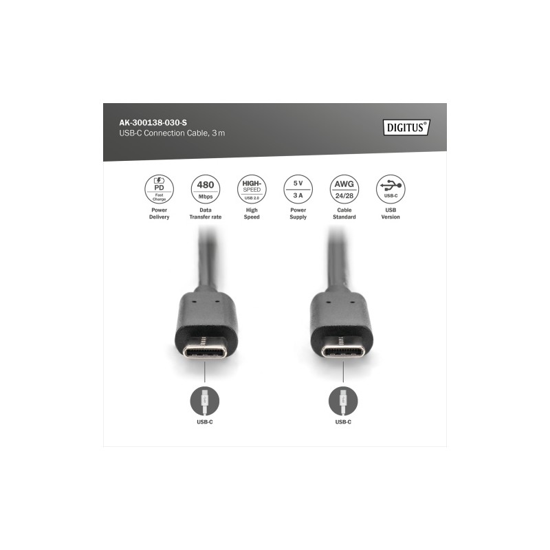 Digitus AK-300138-030-S USB-C Kabelis, USB-C 2.0 Male į USB-C 2.0 Male, 3 m, Juoda