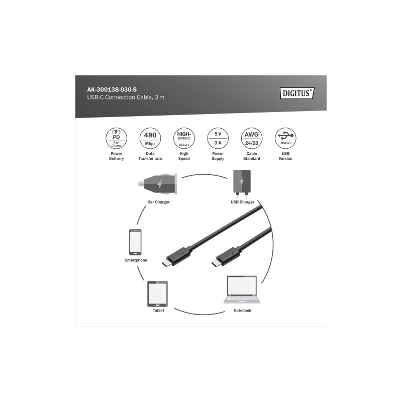 Digitus AK-300138-030-S USB-C Kabelis, USB-C 2.0 Male į USB-C 2.0 Male, 3 m, Juoda