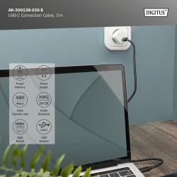 Digitus AK-300138-030-S USB-C Kabelis, USB-C 2.0 Male į USB-C 2.0 Male, 3 m, Juoda