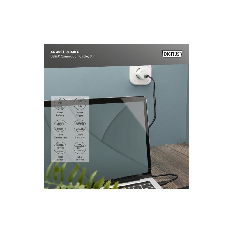 Digitus AK-300138-030-S USB-C Kabelis, USB-C 2.0 Male į USB-C 2.0 Male, 3 m, Juoda