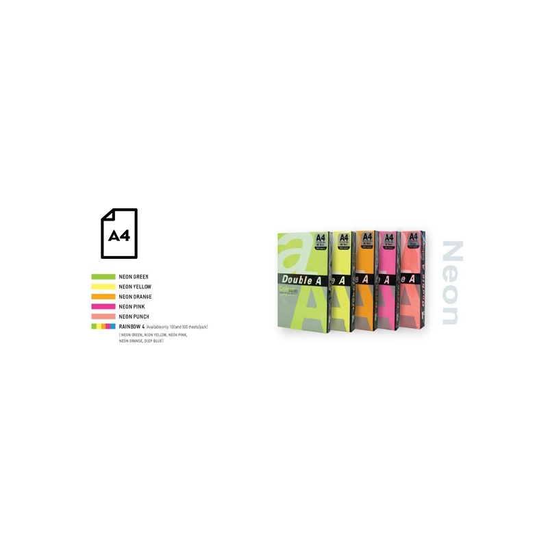 Spalvotas Neon popierius Double A, 75g, A4, 100 lapų, Rainbow 4 Neon Green, Neon Yellow, Neon Orange