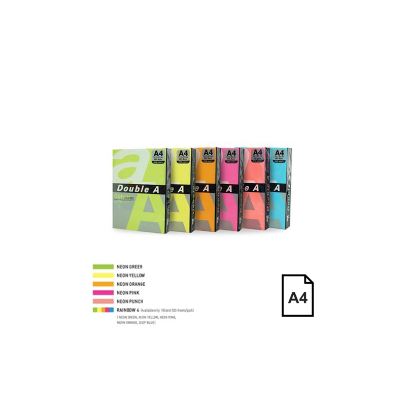 Spalvotas Neon popierius Double A, 75g, A4, 500 lapų, Rainbow 4 Neon Green, Neon Yellow, Neon Orange