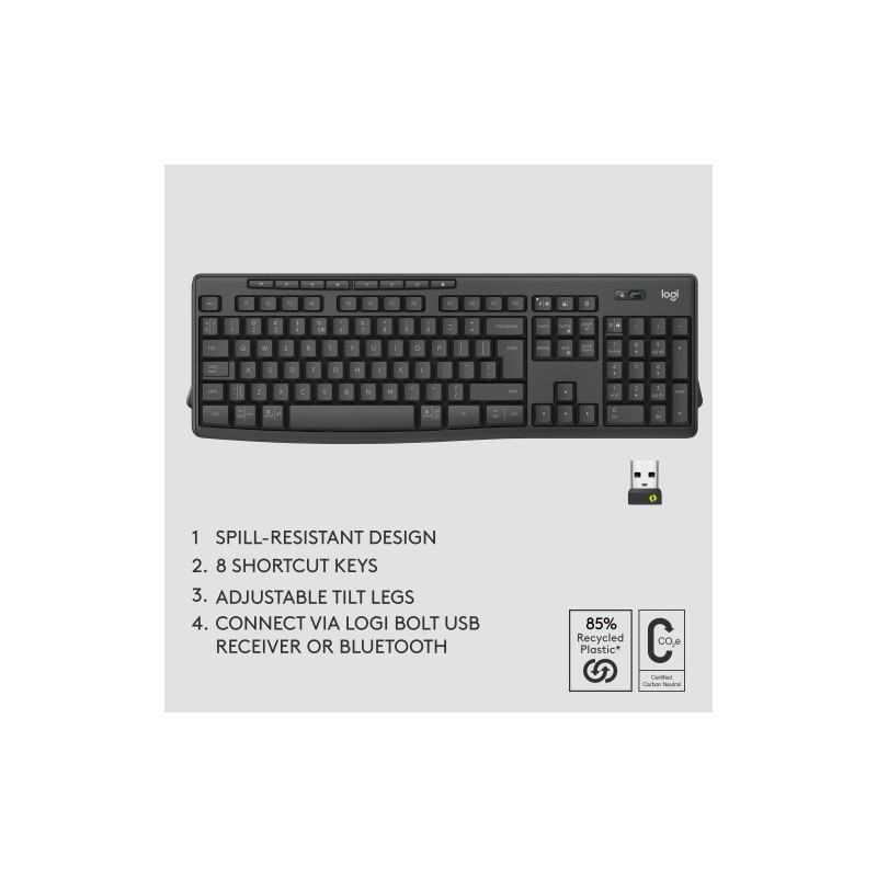 Logitech MK370 Combo for Business Belaidė klaviatūra + Pelė, RF Wireless+Bluetooth, US Int, Graphite