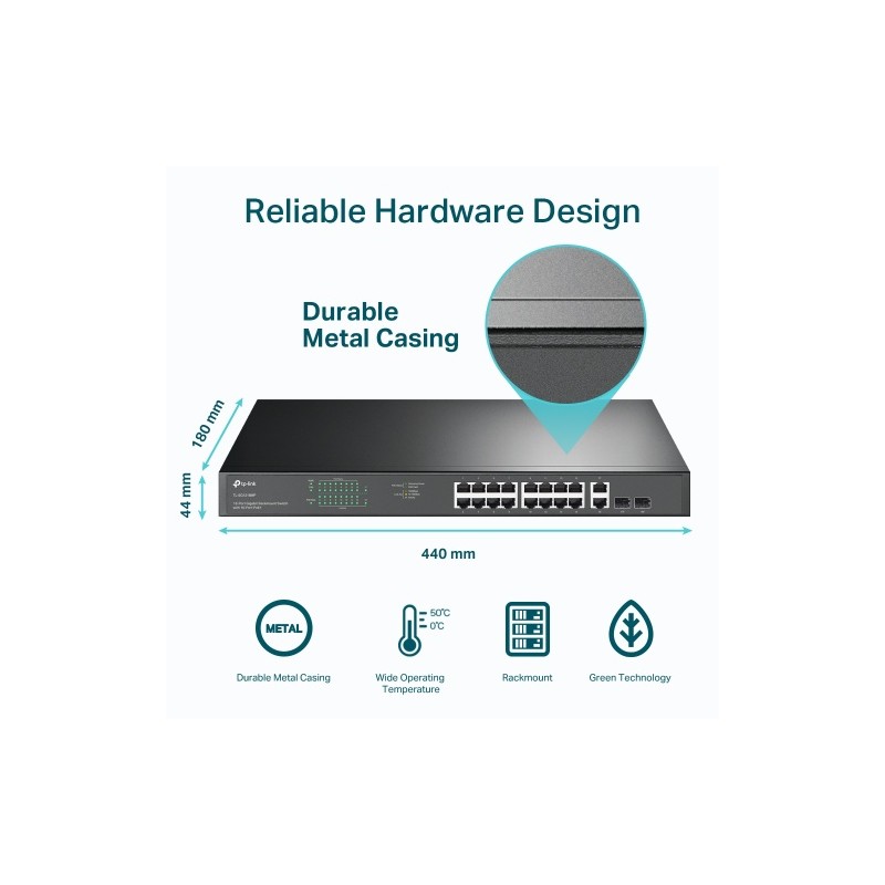 TP-Link TL-SG1218MP 18-Port Gigabit Rackmount Šakotuvas su 16 PoE+