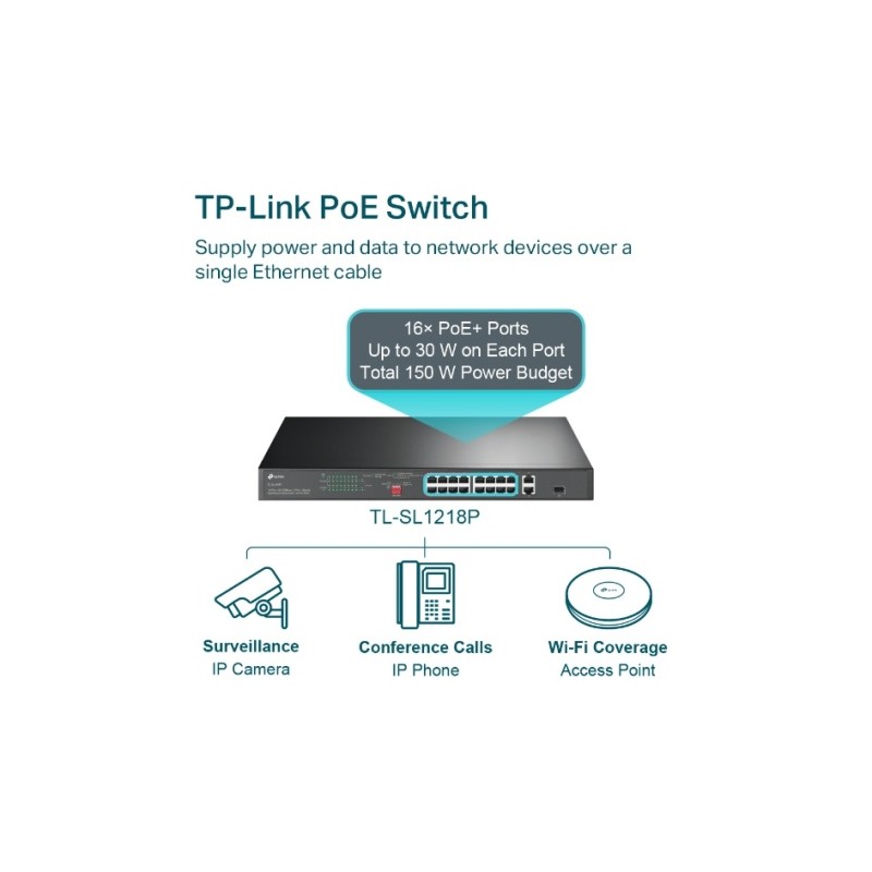 TP-Link TL-SL1218P 16-Port 10/100 Mbps + 2-Port Gigabit Rackmount Šakotuvas su 16-Port PoE+