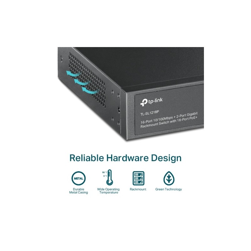 TP-Link TL-SL1218P 16-Port 10/100 Mbps + 2-Port Gigabit Rackmount Šakotuvas su 16-Port PoE+