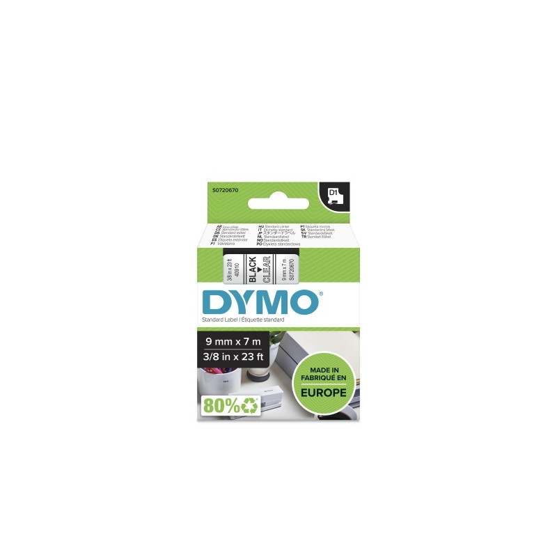Dymo 40910 (S0720670) D1 Etikečių juostelė 9mm x 7m, Black on Clear