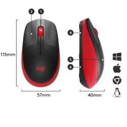 Logitech M190 Full-Size Belaidė pelė, RF Wireless, 1000 DPI, Raudona (SPEC)
