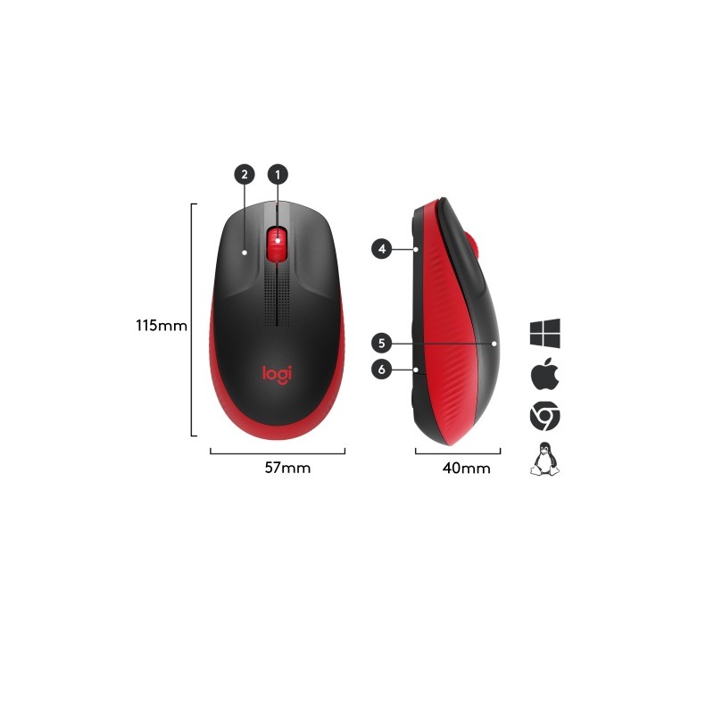 Logitech M190 Full-Size Belaidė pelė, RF Wireless, 1000 DPI, Raudona (SPEC)