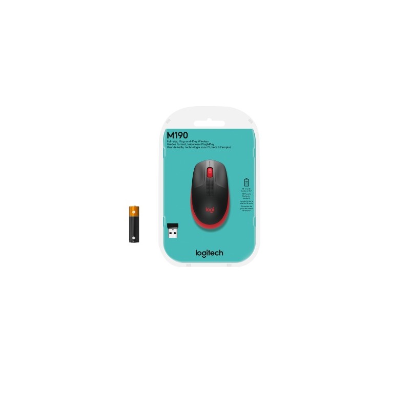 Logitech M190 Full-Size Belaidė pelė, RF Wireless, 1000 DPI, Raudona (SPEC)