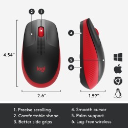 Logitech M190 Full-Size Belaidė pelė, RF Wireless, 1000 DPI, Raudona (SPEC)