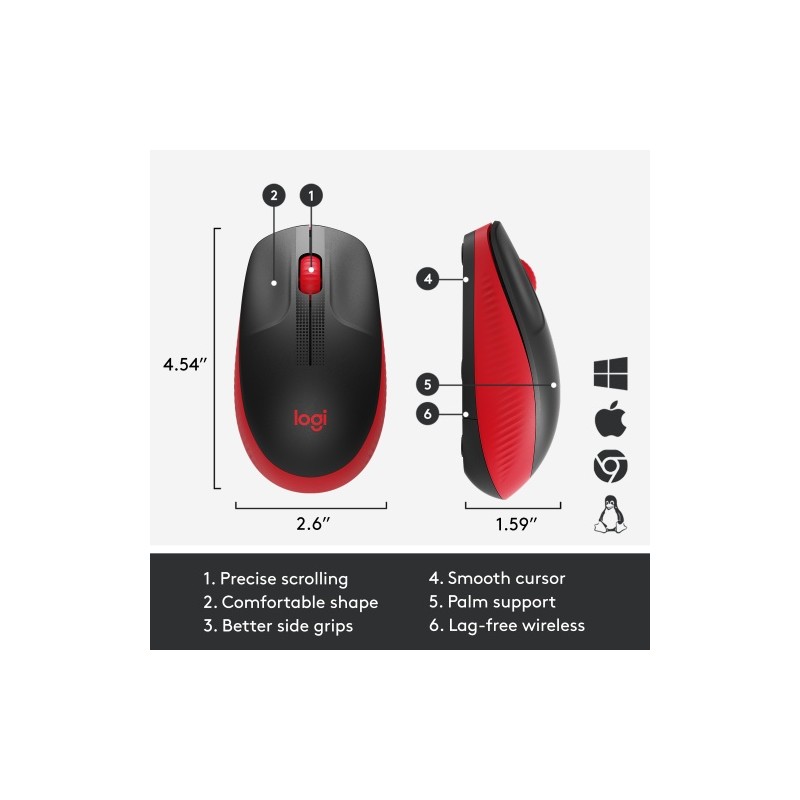 Logitech M190 Full-Size Belaidė pelė, RF Wireless, 1000 DPI, Raudona (SPEC)