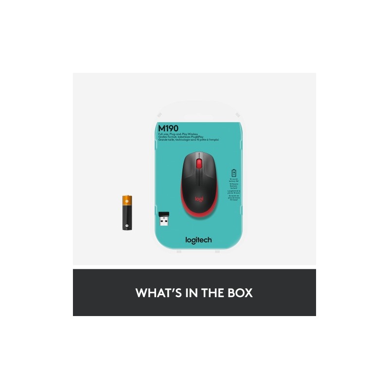 Logitech M190 Full-Size Belaidė pelė, RF Wireless, 1000 DPI, Raudona (SPEC)