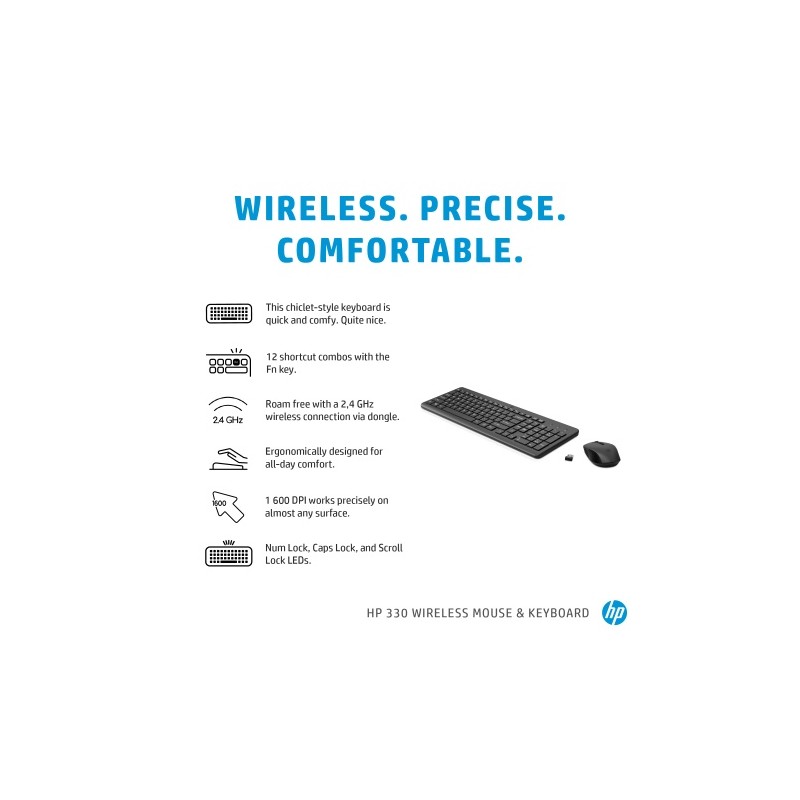 HP 330 Combo Belaidė klaviatūra + pelė RF Wireless US Int, Juoda