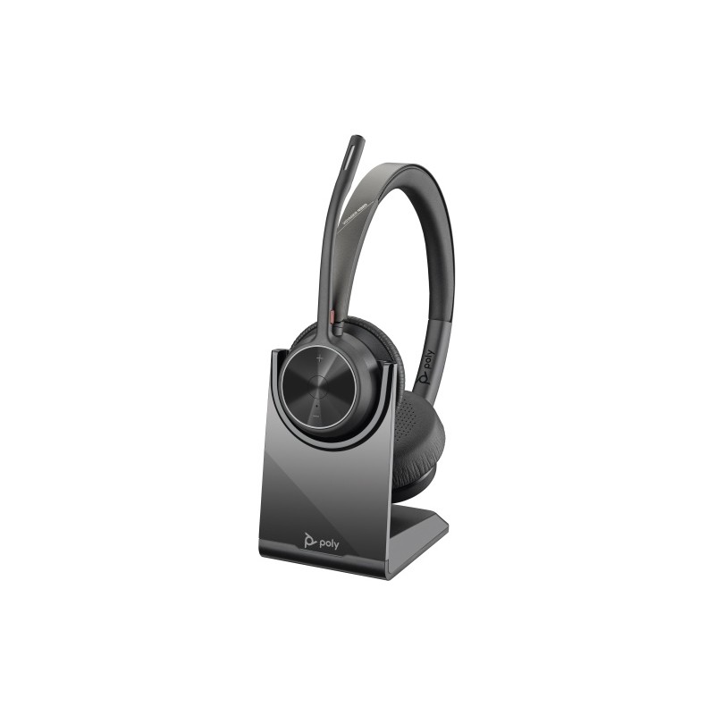 Poly Voyager 4320 UC Stereo Belaidės ausinės, Bluetooth, USB-A, +BT700 dongle,+Charging Stand, Juoda