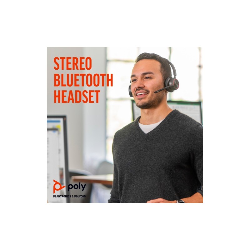 Poly Voyager 4320 UC Stereo Belaidės ausinės, Bluetooth, USB-A, +BT700 dongle,+Charging Stand, Juoda
