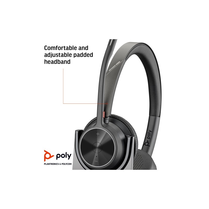 Poly Voyager 4320 UC Stereo Belaidės ausinės, Bluetooth, USB-A, +BT700 dongle,+Charging Stand, Juoda