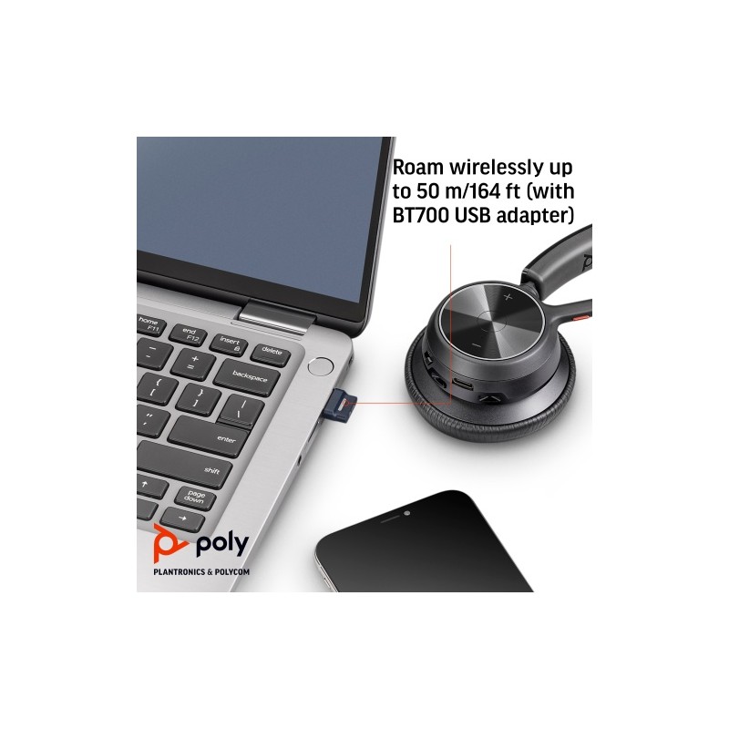 Poly Voyager 4320 UC Stereo Belaidės ausinės, Bluetooth, USB-A, +BT700 dongle,+Charging Stand, Juoda