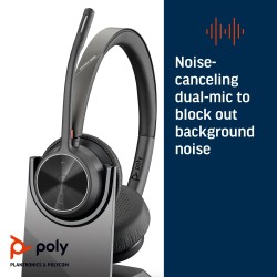 Poly Voyager 4320 UC Stereo Belaidės ausinės, Bluetooth, USB-A, +BT700 dongle,+Charging Stand, Juoda
