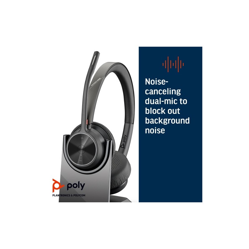 Poly Voyager 4320 UC Stereo Belaidės ausinės, Bluetooth, USB-A, +BT700 dongle,+Charging Stand, Juoda