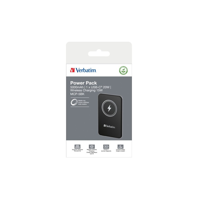 Verbatim 32240 Charge 'n' Go Magnetic Wireless Išorinė baterija (Power Bank) 5000mAh, Juoda