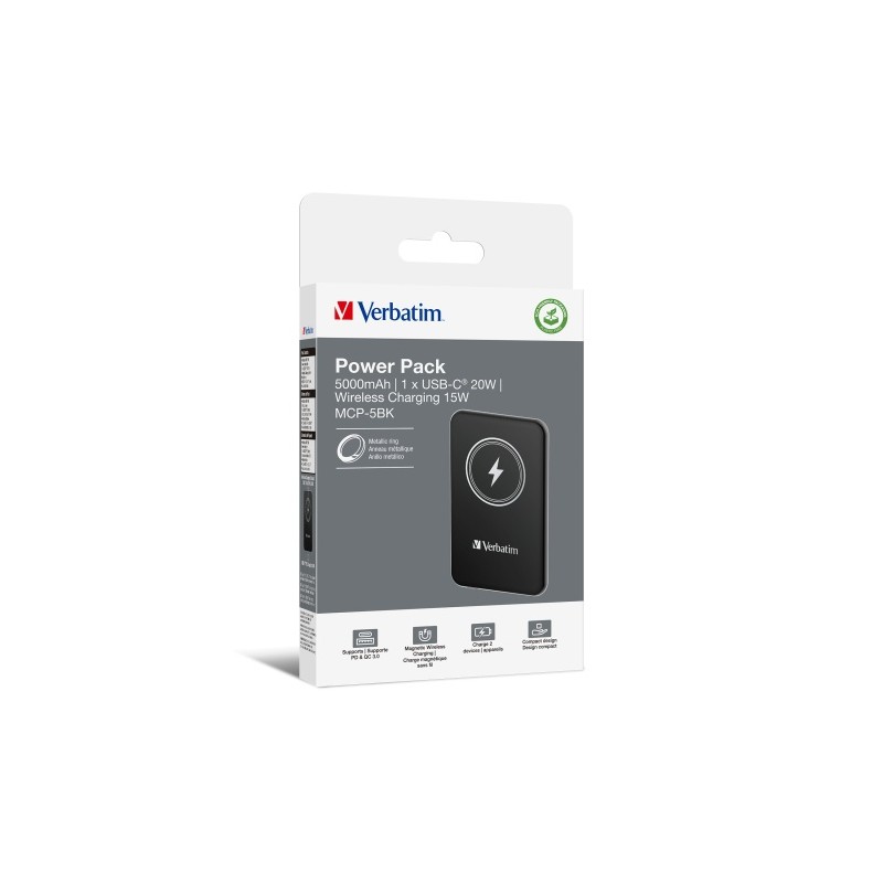 Verbatim 32240 Charge 'n' Go Magnetic Wireless Išorinė baterija (Power Bank) 5000mAh, Juoda