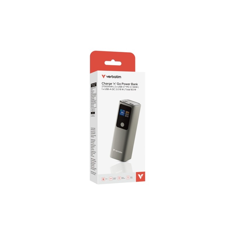 Verbatim 32269 Charge 'n' Go Išorinė baterija (Power Bank) 27000mAh 183W, USB-C, USB-A, Pilka