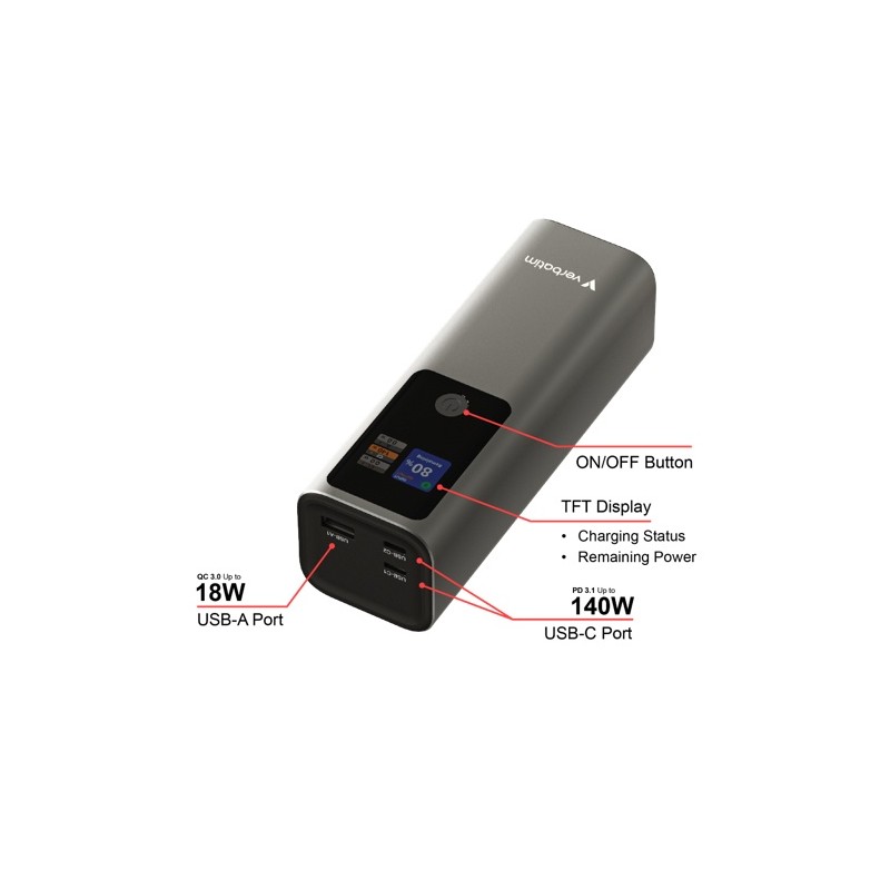 Verbatim 32269 Charge 'n' Go Išorinė baterija (Power Bank) 27000mAh 183W, USB-C, USB-A, Pilka