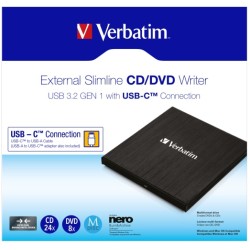 Verbatim 43886 External Slimline CD/DVD Writer Išorinis optinis įrenginys, USB-C/USB-A, Juoda