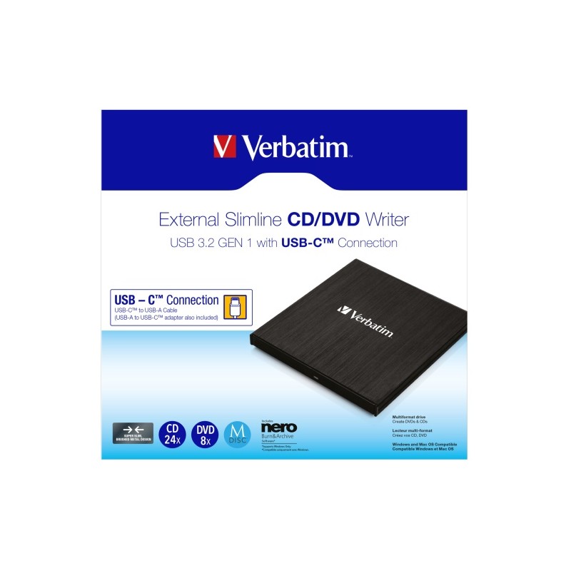 Verbatim 43886 External Slimline CD/DVD Writer Išorinis optinis įrenginys, USB-C/USB-A, Juoda