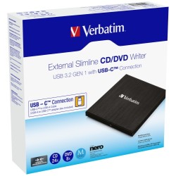 Verbatim 43886 External Slimline CD/DVD Writer Išorinis optinis įrenginys, USB-C/USB-A, Juoda