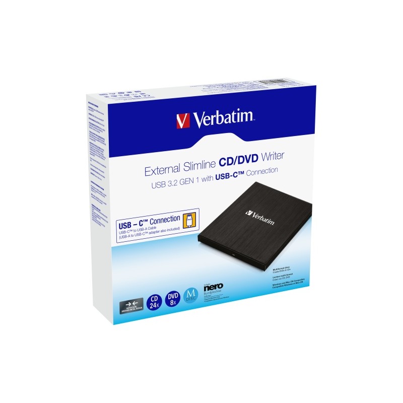 Verbatim 43886 External Slimline CD/DVD Writer Išorinis optinis įrenginys, USB-C/USB-A, Juoda