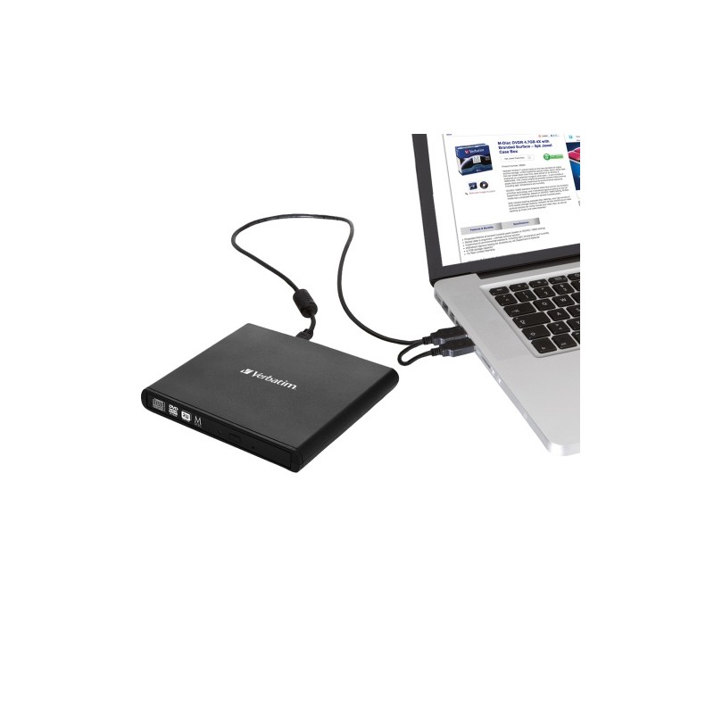 Verbatim 98938 External Slimline CD/DVD Writer Išorinis optinis įrenginys, USB-A, Juoda