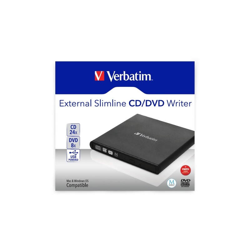 Verbatim 98938 External Slimline CD/DVD Writer Išorinis optinis įrenginys, USB-A, Juoda