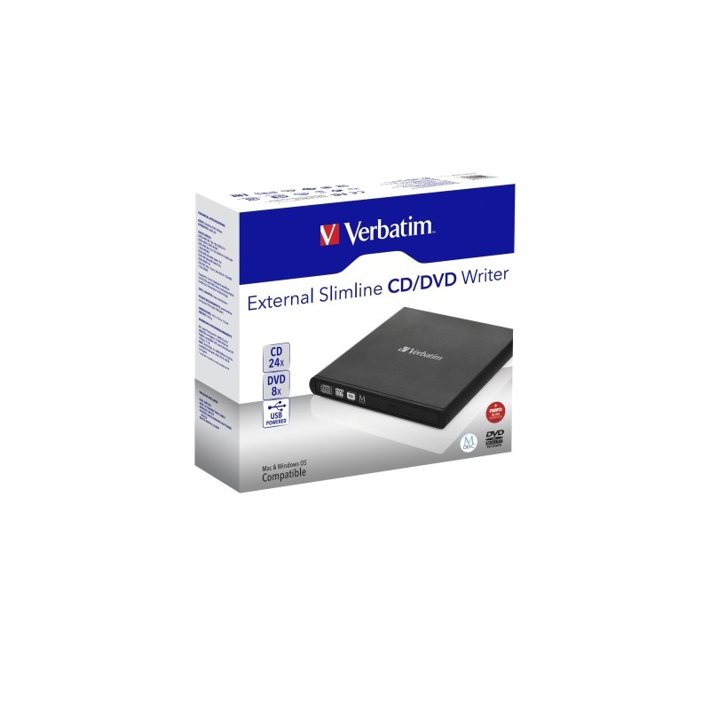 Verbatim 98938 External Slimline CD/DVD Writer Išorinis optinis įrenginys, USB-A, Juoda