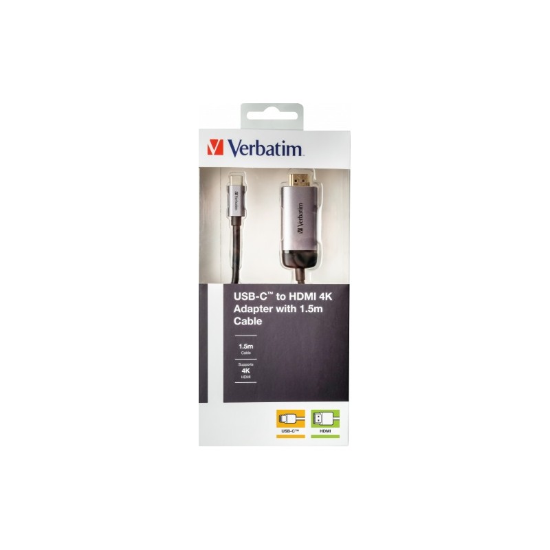 Verbatim 49144 USB-C į HDMI 4K Adapteris, USB 3.1 GEN 1, HDMI 4K (60Hz), 1.5 m kabelis, Pilka/Juoda