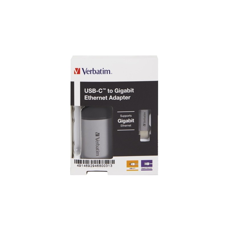 Verbatim 49146 USB-C to Gigabit Ethernet Adapteris, USB 3.1 GEN 1, Gigabit Ethernet, Pilka/Juoda
