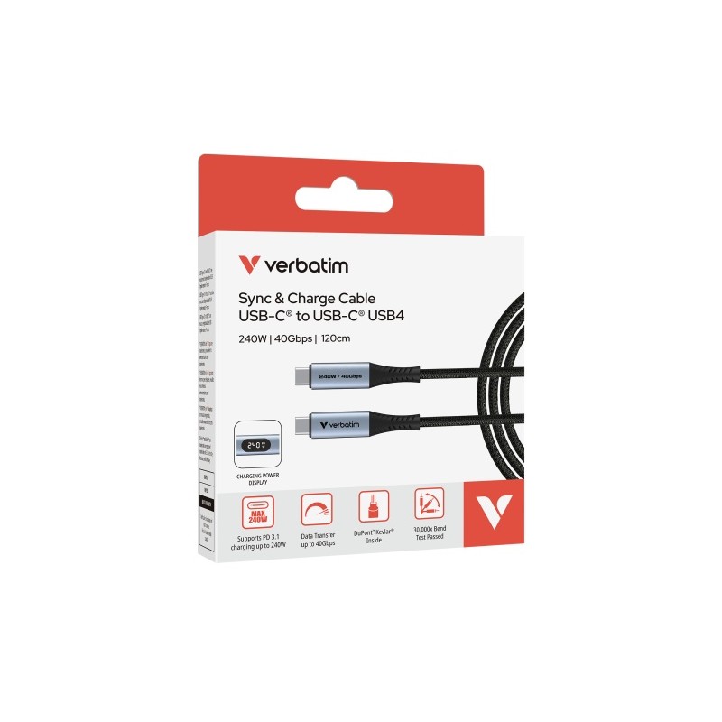Verbatim 31849 Sync & Charge Kabelis USB-C į USB-C 240W 40Gbps 120cm, Power Display, Pilka/Juoda