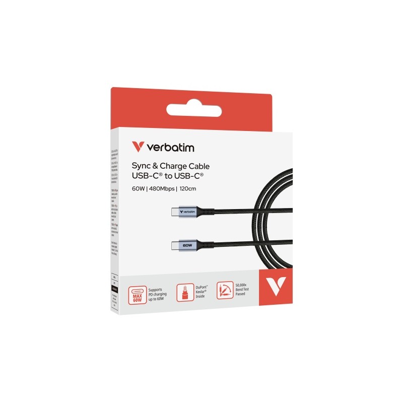 Verbatim 31845 Sync & Charge Kabelis USB-C į USB-C 60W 480Mbps 120cm, Pilka/Juoda